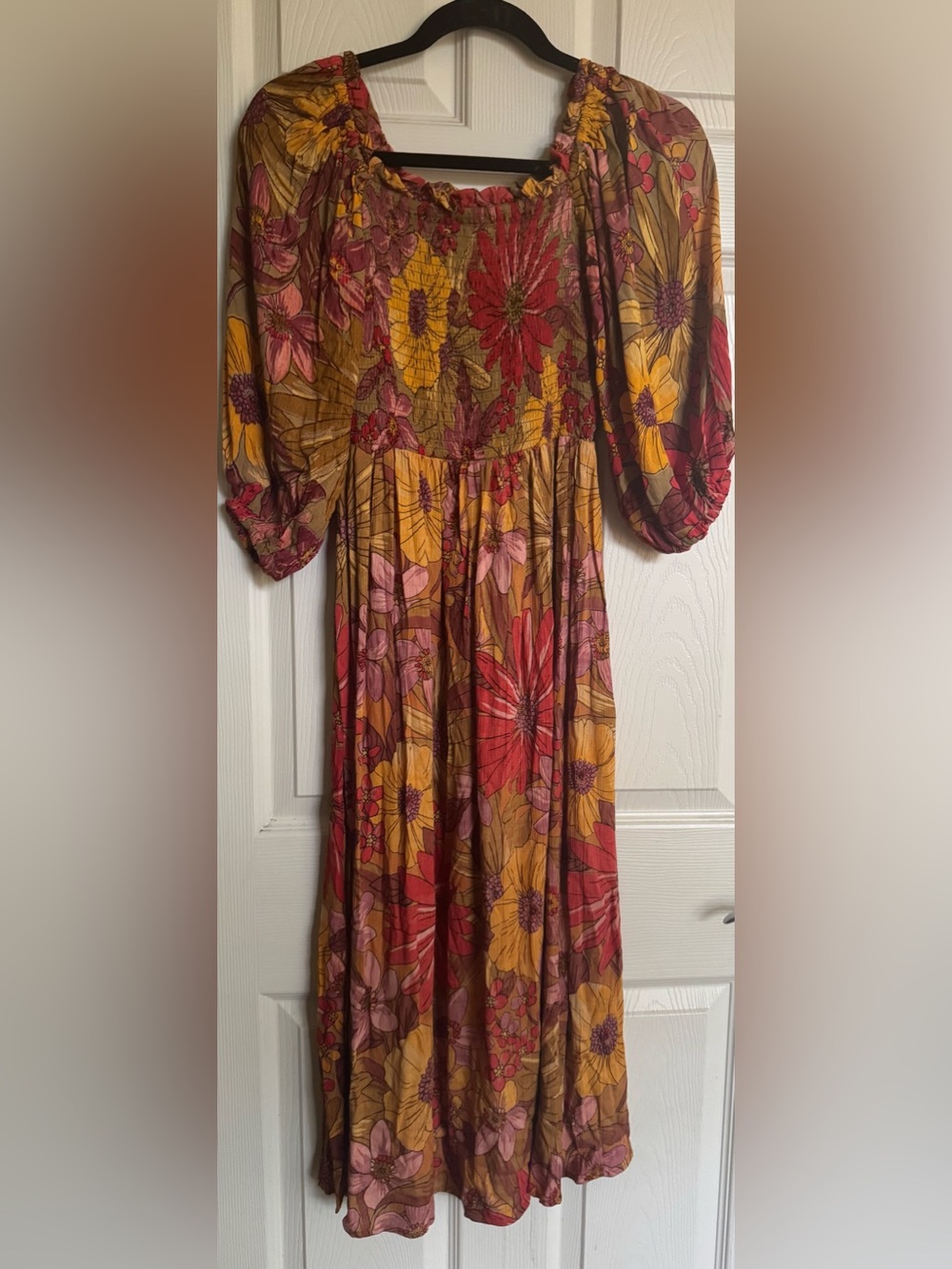 NWT Angie Fall Floral Maxi Dress in Mustard, Red & Pink, Size Small, Large